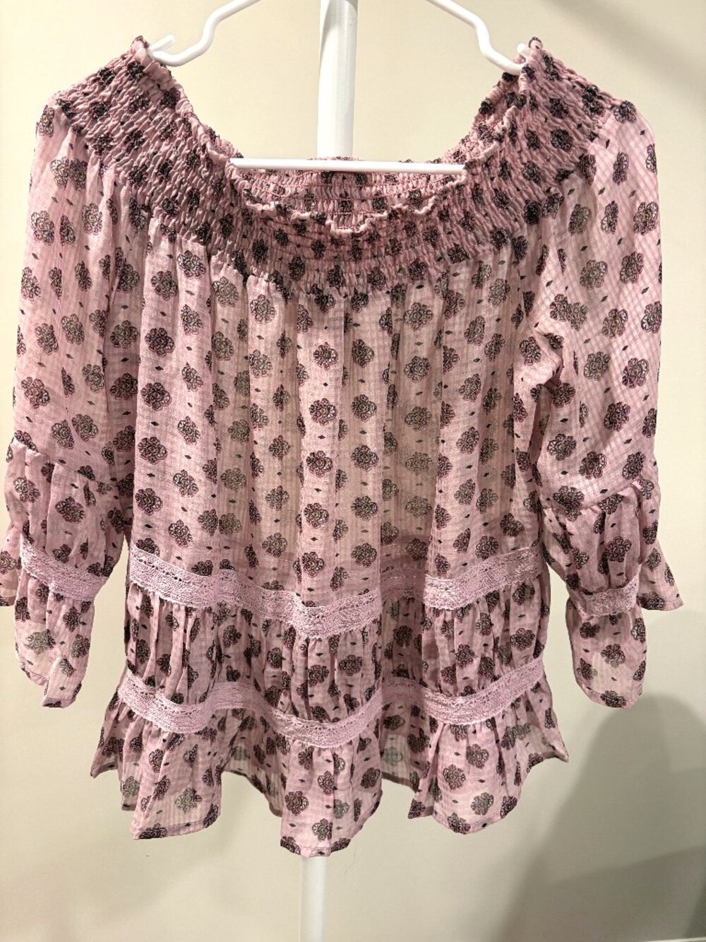 Vintage Cottagecore Smocked Off The Shoulder Blouse Mauve Pink Lace Festival